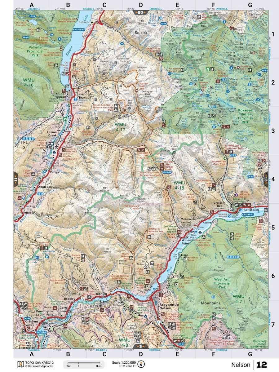Carte routière des routes secondaires des Rocheuses de Kootenay, en Colombie-Britannique