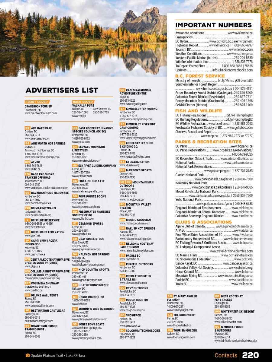 Carte routière des routes secondaires des Rocheuses de Kootenay, en Colombie-Britannique